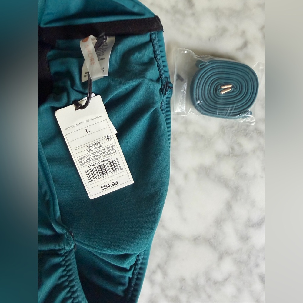 Shade & Shore Teal Strapless One-Piece Swimsuit Back Cutout Bow NWT Size Large - Picture 5 of 8